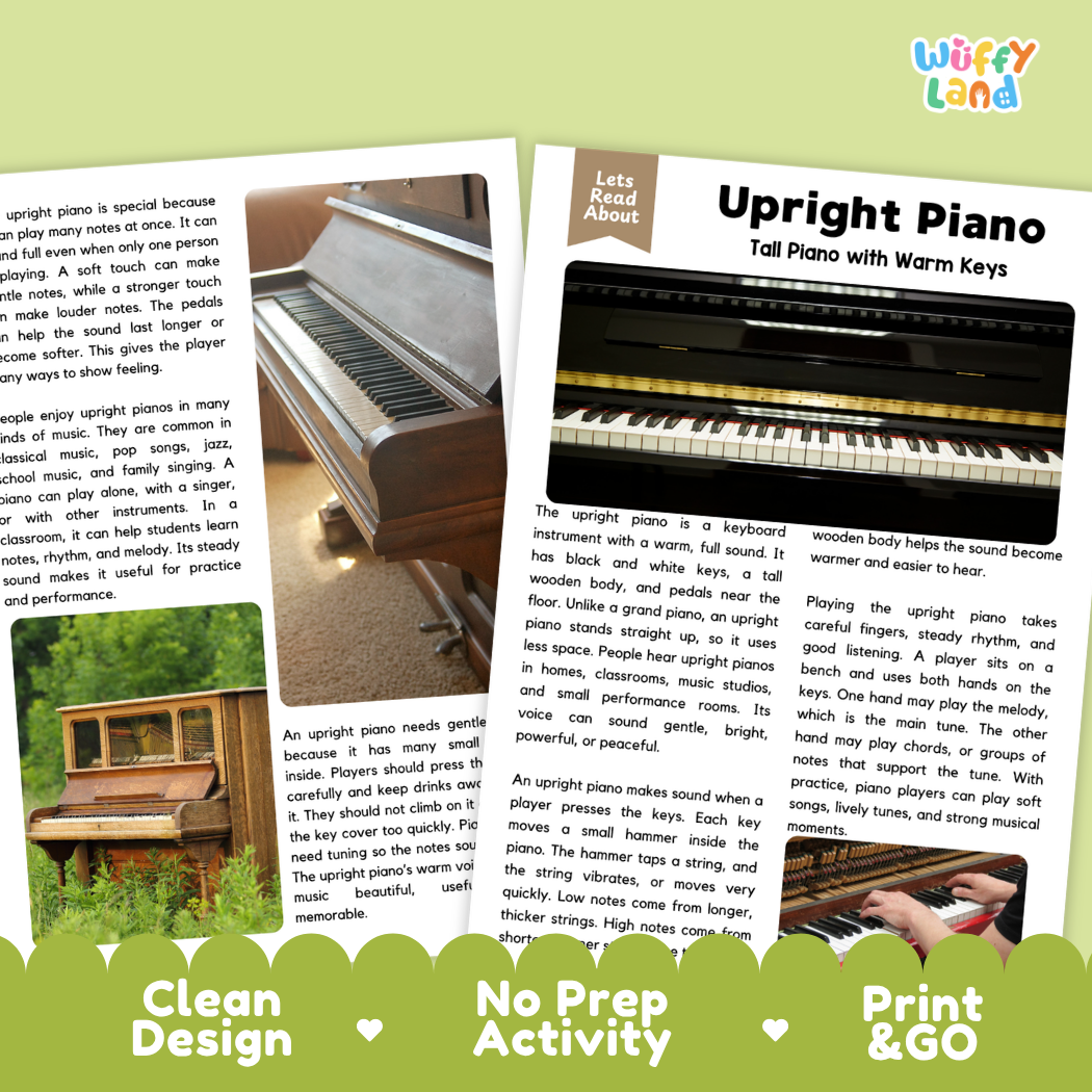 Teacher answer key page showing complete question solutions for Upright Piano music education reading comprehension practice