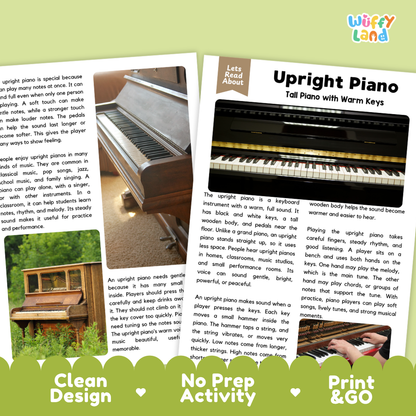 Teacher answer key page showing complete question solutions for Upright Piano music education reading comprehension practice