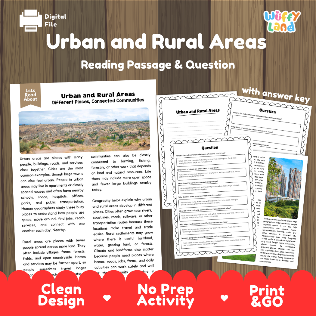 Urban and Rural Areas reading comprehension passage and questions printable activity pack with answer key for elementary students