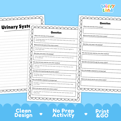 Informational reading passage page detailing the urinary system kidneys ureters bladder urethra urine and hydration habits with diagrams