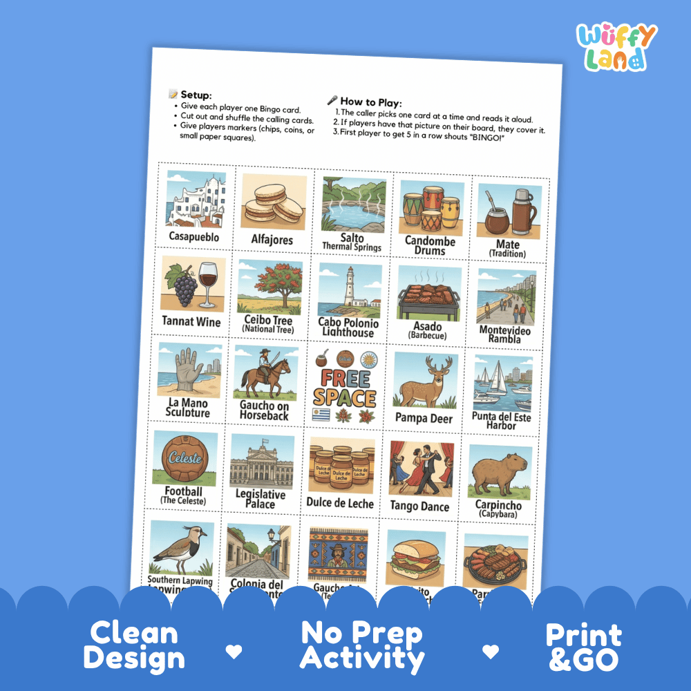 Uruguay Geography BINGO Game South American Country Study Activity Printable Boards