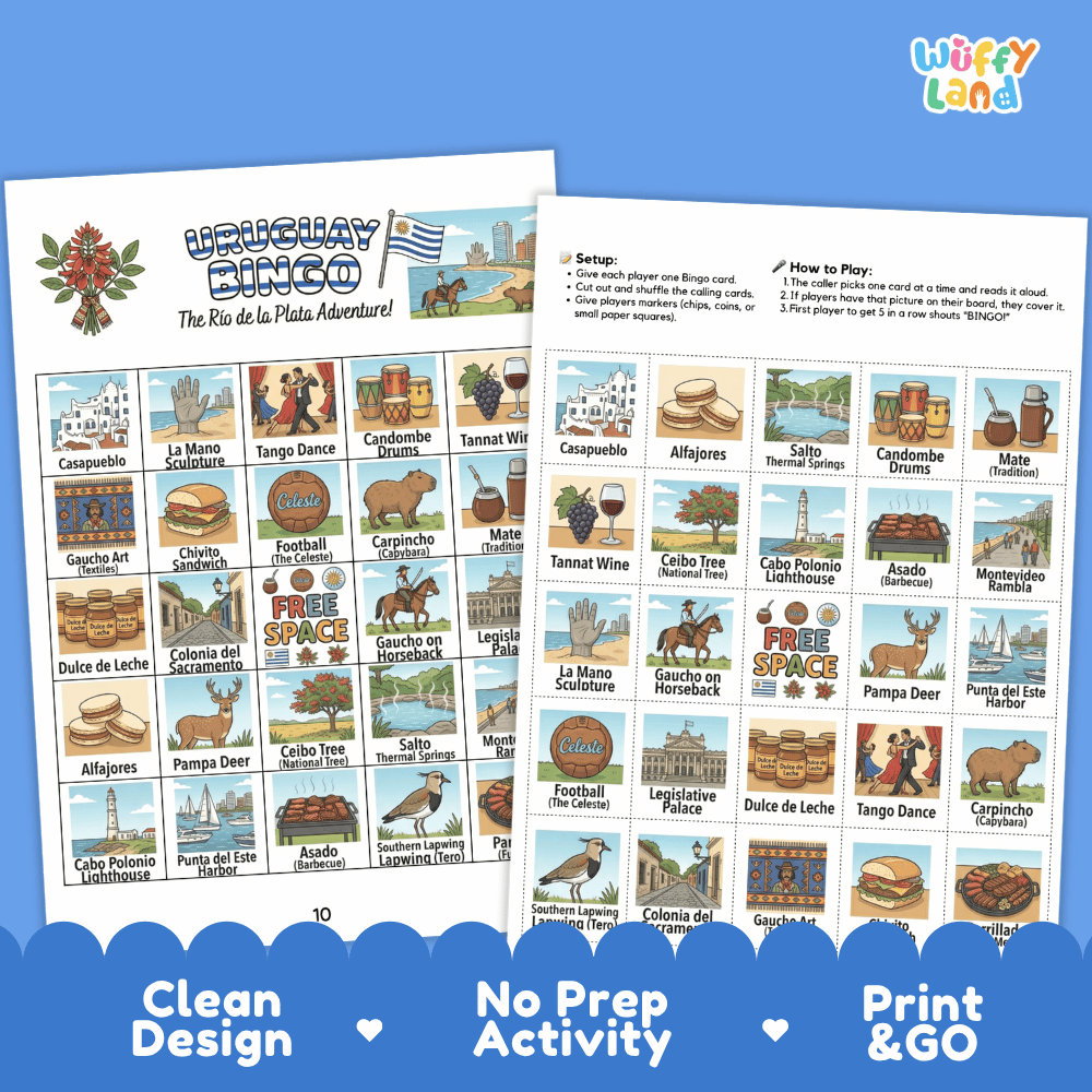 Uruguay Geography BINGO Game South American Country Study Activity Printable Boards