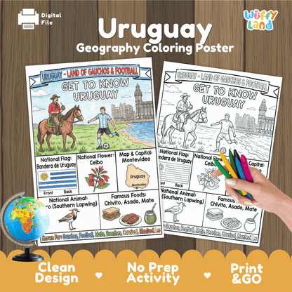 Uruguay Geography Coloring Poster, featuring a colored version and an uncolored black-and-white version on a wood background.