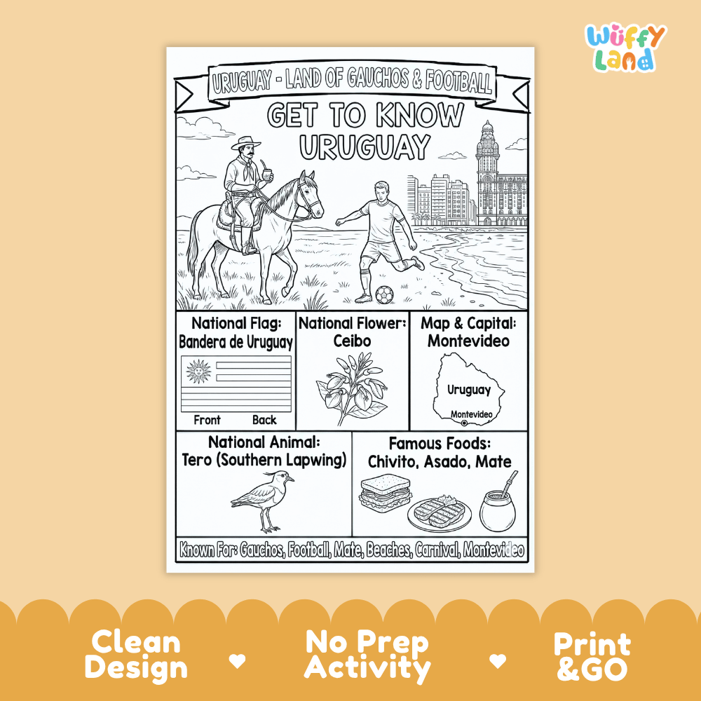 A black and white educational activity sheet titled 'Get to Know Uruguay' with line drawings of a horse rider, soccer player, flag, flower, map, animal, and foods. The sheet is centered on a warm beige background with a 'wuffyland' logo in the top right and marketing text along the bottom.