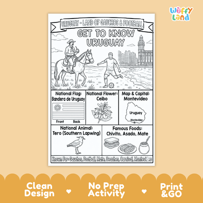 A black and white educational activity sheet titled 'Get to Know Uruguay' with line drawings of a horse rider, soccer player, flag, flower, map, animal, and foods. The sheet is centered on a warm beige background with a 'wuffyland' logo in the top right and marketing text along the bottom.