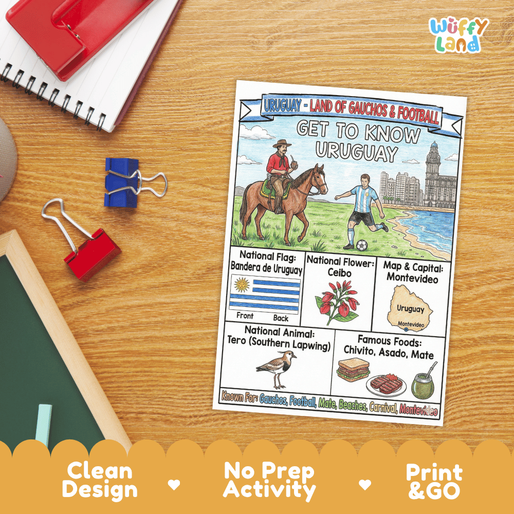 An educational activity sheet titled 'Get to Know Uruguay' featuring colorful illustrations of Uruguay's flag, national flower, map, national animal, and famous foods. The sheet is displayed on a wooden desk with school supplies including a spiral notebook, binder clips, and a chalkboard.
