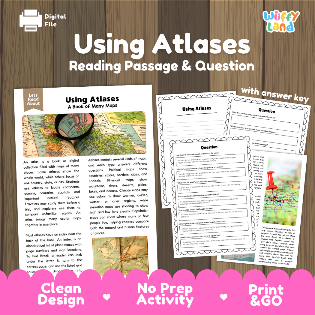Using Atlases reading comprehension passage and questions printable activity pack with answer key for elementary students