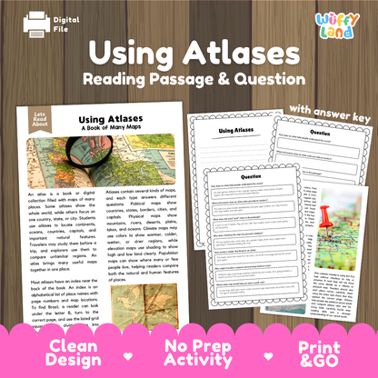 Using Atlases reading comprehension passage and questions printable activity pack with answer key for elementary students