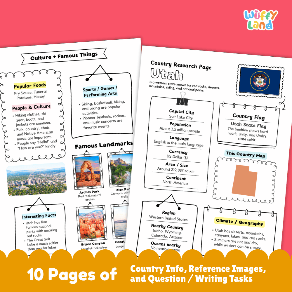 Utah Country Research Project Worksheets and Activity Pages