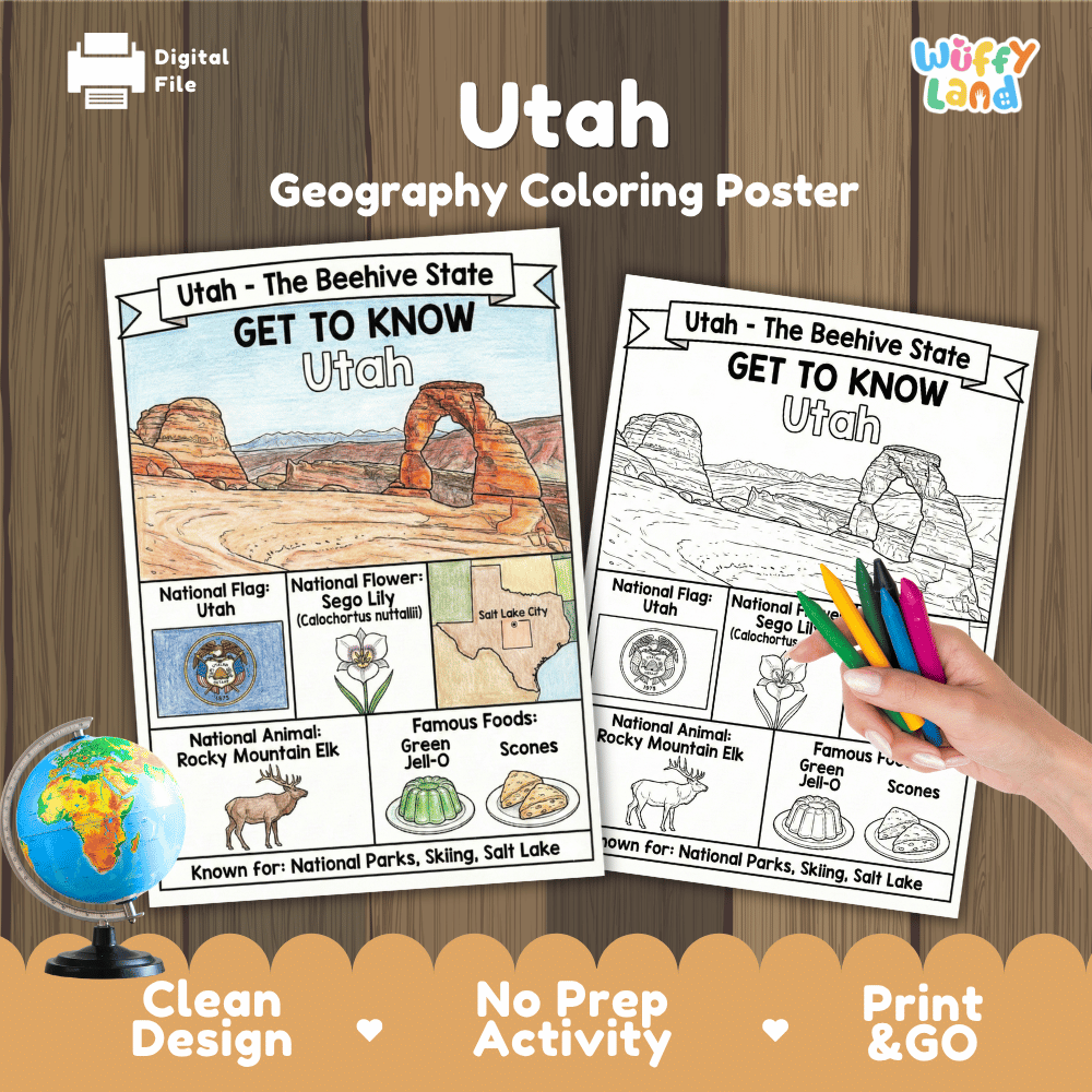 Utah State Geography Coloring Poster and Activity Worksheet
