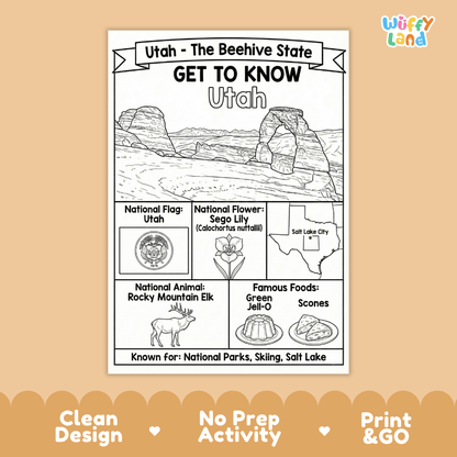 Utah State Geography Coloring Poster and Activity Worksheet