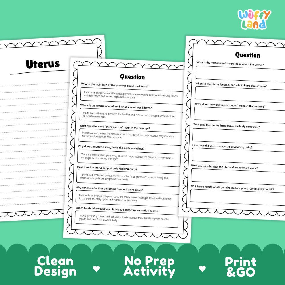 Informational reading passage page detailing human uterus muscular walls menstrual cycle pregnancy functions and health habits with diagrams