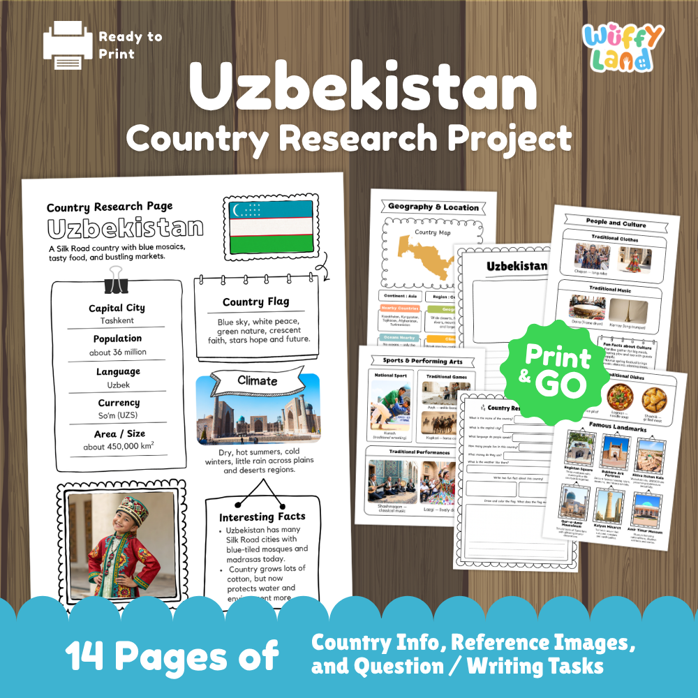 Student country research worksheet on Uzbekistan featuring crescent and stars flag, Tashkent capital facts, climate, and geography map