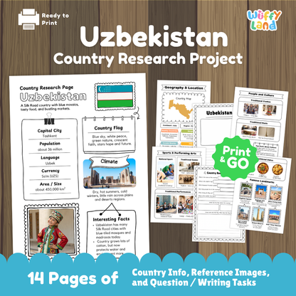 Student country research worksheet on Uzbekistan featuring crescent and stars flag, Tashkent capital facts, climate, and geography map
