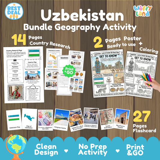 Uzbekistan geography activity bundle cover showing 14 country research pages, 2 ready to use coloring posters, and 27 photo flashcards