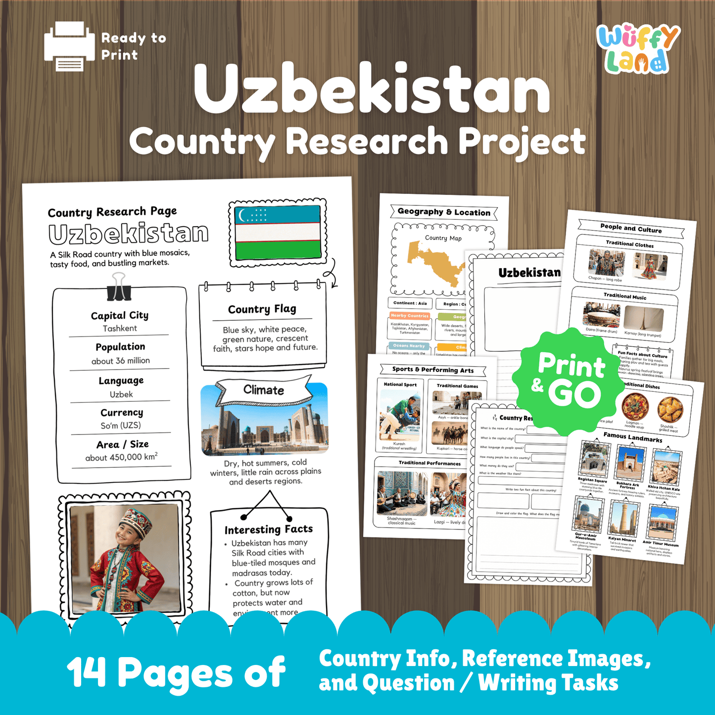 A country research project worksheet for Uzbekistan, featuring the capital city (Tashkent), population, language, currency, and area. The sheet includes Uzbekistan's flag with blue, white, and green colors symbolizing peace and hope. Sections cover the country's climate (dry, hot summers with cold winters), traditional clothes, music, sports, and famous landmarks such as the Registan Square and Shah-i-Zinda. The worksheet encourages exploration of Uzbekistan's rich history, culture, and geography.