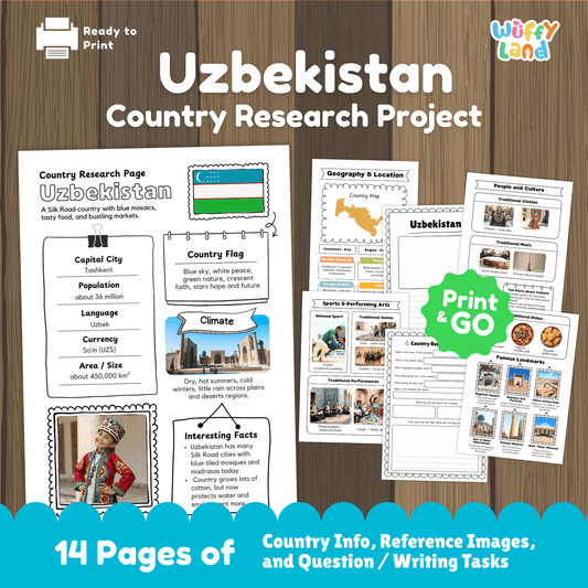 A country research project worksheet for Uzbekistan, featuring the capital city (Tashkent), population, language, currency, and area. The sheet includes Uzbekistan's flag with blue, white, and green colors symbolizing peace and hope. Sections cover the country's climate (dry, hot summers with cold winters), traditional clothes, music, sports, and famous landmarks such as the Registan Square and Shah-i-Zinda. The worksheet encourages exploration of Uzbekistan's rich history, culture, and geography.