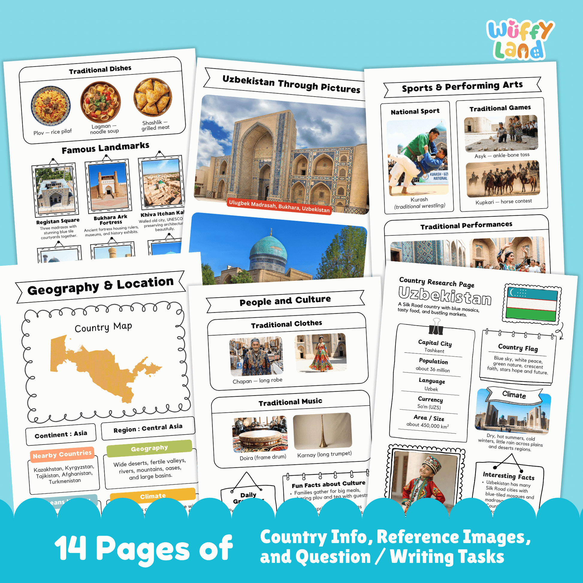 A country research project worksheet for Uzbekistan, featuring the capital city (Tashkent), population, language, currency, and area. The sheet includes Uzbekistan's flag with blue, white, and green colors symbolizing peace and hope. Sections cover the country's climate (dry, hot summers with cold winters), traditional clothes, music, sports, and famous landmarks such as the Registan Square and Shah-i-Zinda. The worksheet encourages exploration of Uzbekistan's rich history, culture, and geography.