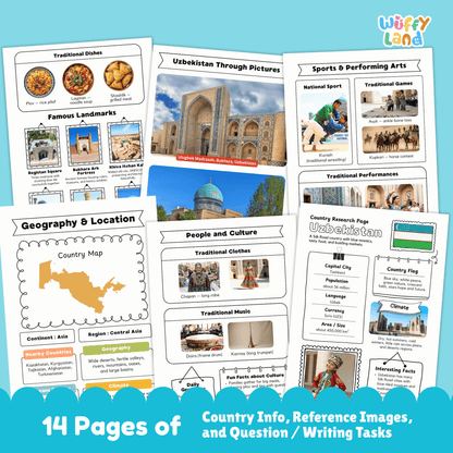 A country research project worksheet for Uzbekistan, featuring the capital city (Tashkent), population, language, currency, and area. The sheet includes Uzbekistan's flag with blue, white, and green colors symbolizing peace and hope. Sections cover the country's climate (dry, hot summers with cold winters), traditional clothes, music, sports, and famous landmarks such as the Registan Square and Shah-i-Zinda. The worksheet encourages exploration of Uzbekistan's rich history, culture, and geography.