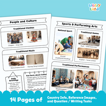 A country research project worksheet for Uzbekistan, featuring the capital city (Tashkent), population, language, currency, and area. The sheet includes Uzbekistan's flag with blue, white, and green colors symbolizing peace and hope. Sections cover the country's climate (dry, hot summers with cold winters), traditional clothes, music, sports, and famous landmarks such as the Registan Square and Shah-i-Zinda. The worksheet encourages exploration of Uzbekistan's rich history, culture, and geography.
