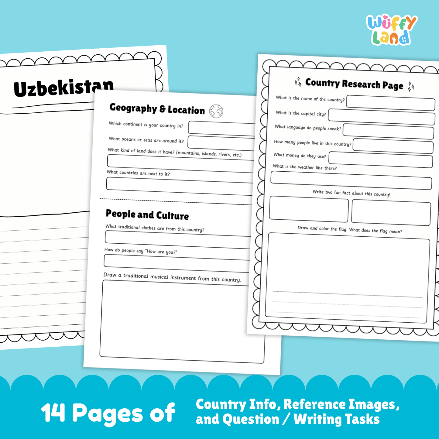 A country research project worksheet for Uzbekistan, featuring the capital city (Tashkent), population, language, currency, and area. The sheet includes Uzbekistan's flag with blue, white, and green colors symbolizing peace and hope. Sections cover the country's climate (dry, hot summers with cold winters), traditional clothes, music, sports, and famous landmarks such as the Registan Square and Shah-i-Zinda. The worksheet encourages exploration of Uzbekistan's rich history, culture, and geography.