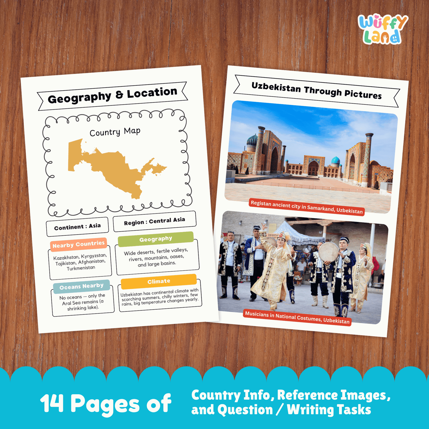 A country research project worksheet for Uzbekistan, featuring the capital city (Tashkent), population, language, currency, and area. The sheet includes Uzbekistan's flag with blue, white, and green colors symbolizing peace and hope. Sections cover the country's climate (dry, hot summers with cold winters), traditional clothes, music, sports, and famous landmarks such as the Registan Square and Shah-i-Zinda. The worksheet encourages exploration of Uzbekistan's rich history, culture, and geography.