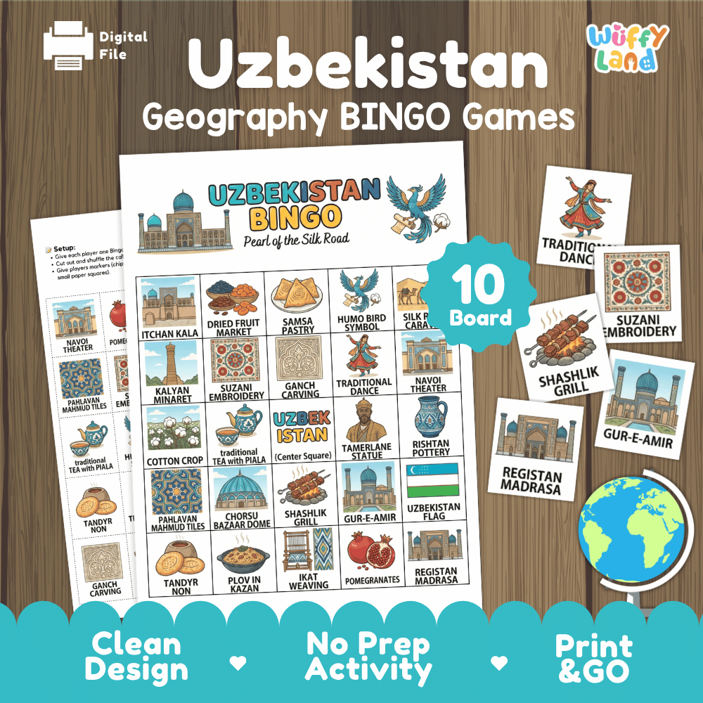 Uzbekistan Geography BINGO Game Central Asia Country Study Activity Printable Boards