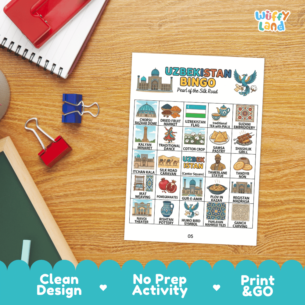 Uzbekistan Geography BINGO Game Central Asia Country Study Activity Printable Boards