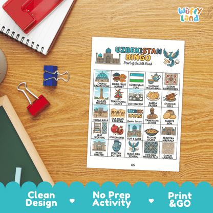 Uzbekistan Geography BINGO Game Central Asia Country Study Activity Printable Boards