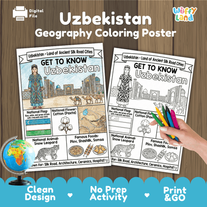 Uzbekistan Geography Coloring Poster | Country Study Research Worksheet Activity