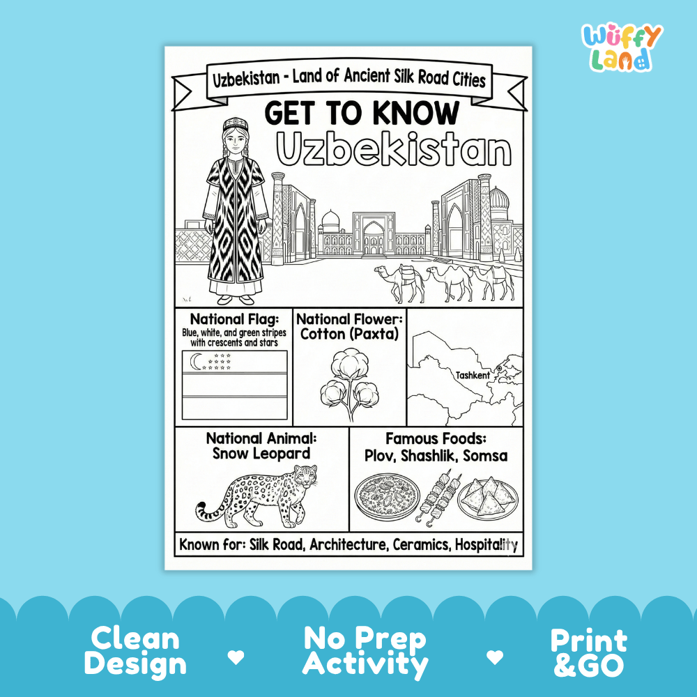 Uzbekistan Geography Coloring Poster | Country Study Research Worksheet Activity