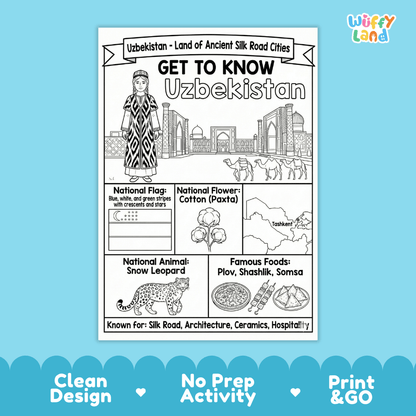 Uzbekistan Geography Coloring Poster | Country Study Research Worksheet Activity