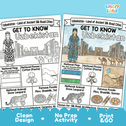 Uzbekistan Geography Coloring Poster | Country Study Research Worksheet Activity