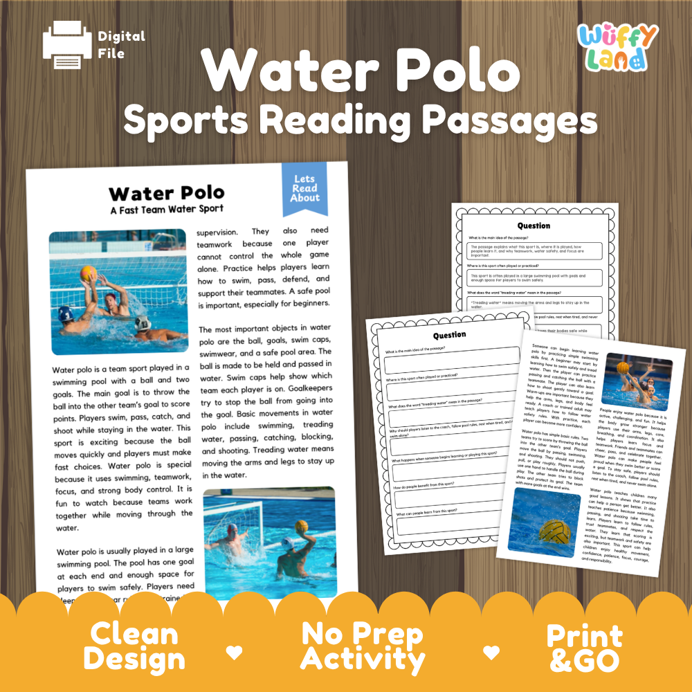 Water Polo Sports Reading Passages and Comprehension Questions Worksheets