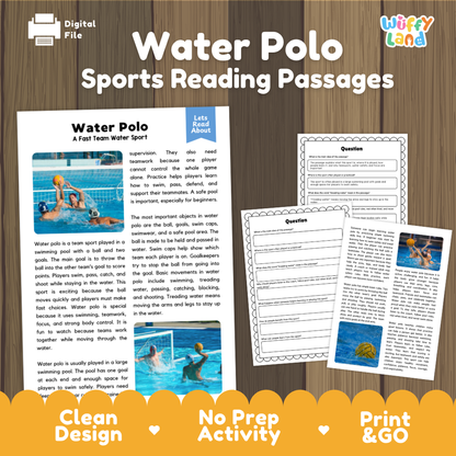 Water Polo Sports Reading Passages and Comprehension Questions Worksheets