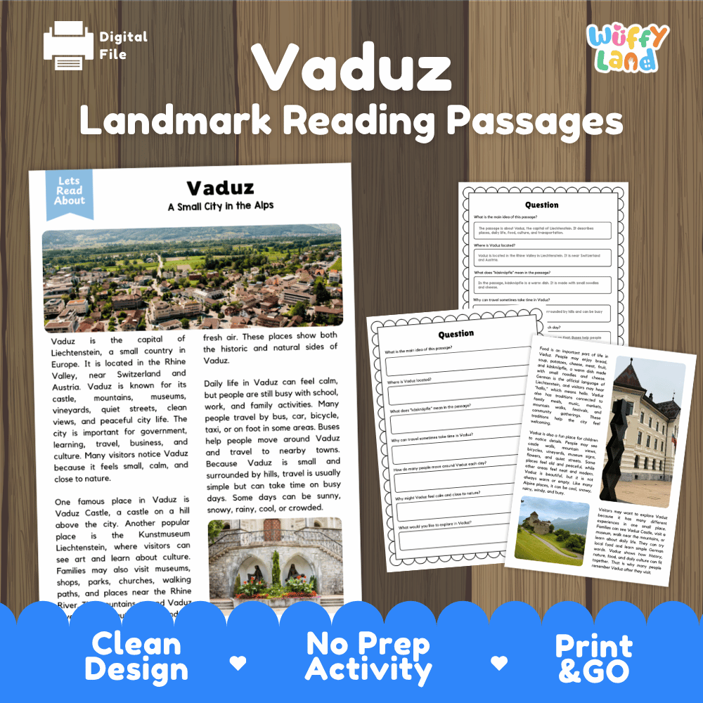 Vaduz landmark reading passage and comprehension worksheet educational unit featuring nonfiction text and authentic Vaduz Liechtenstein alpine valley photography