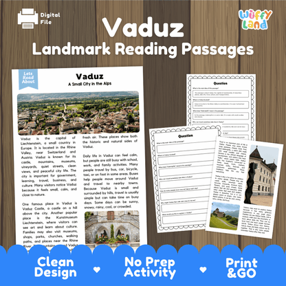 Vaduz landmark reading passage and comprehension worksheet educational unit featuring nonfiction text and authentic Vaduz Liechtenstein alpine valley photography