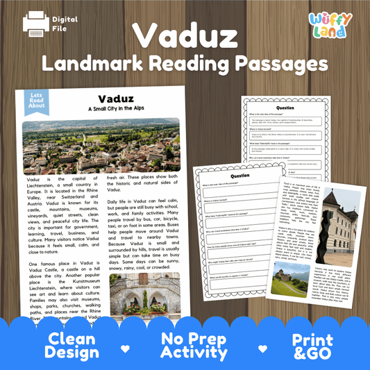 Vaduz landmark reading passage and comprehension worksheet educational unit featuring nonfiction text and authentic Vaduz Liechtenstein alpine valley photography