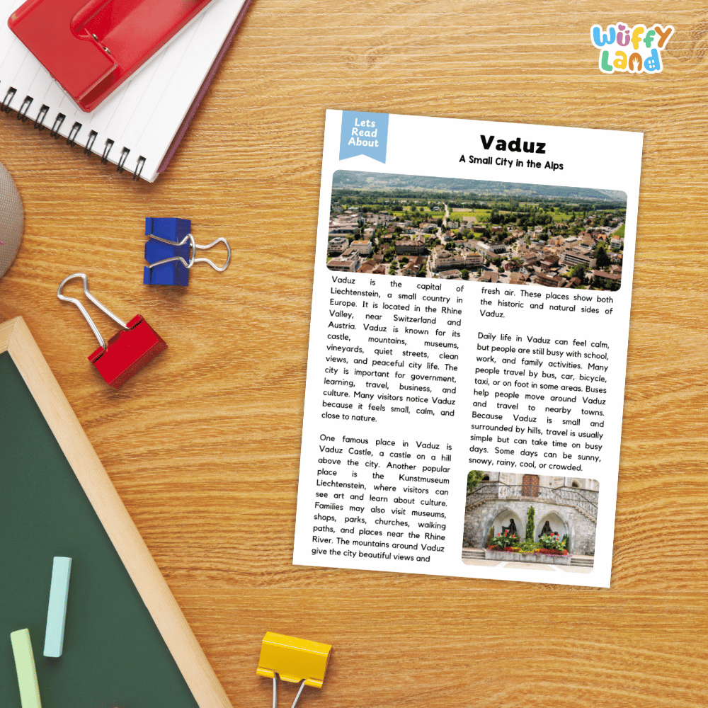 Lined reading comprehension question worksheet covering main ideas vocabulary terms and landmark facts about Vaduz Liechtenstein