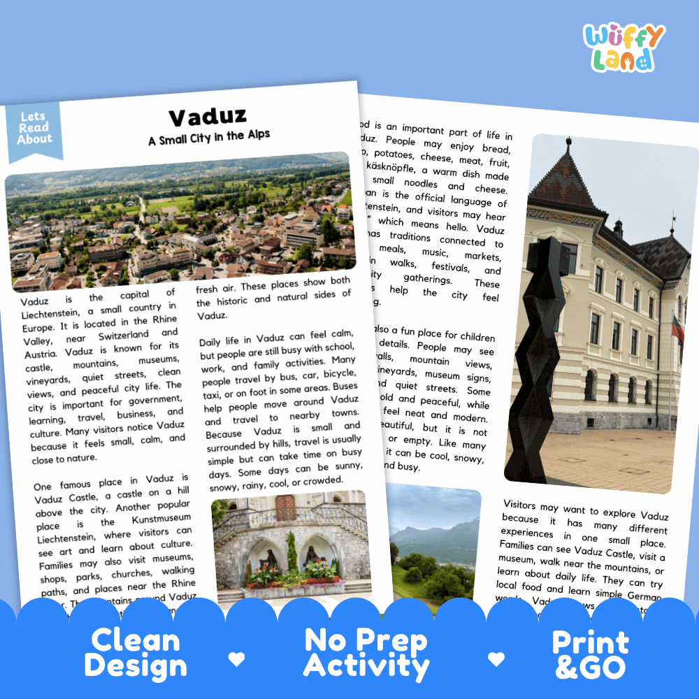 Reference sheet and answer key for Vaduz landmark reading passage displaying completed comprehension answers and European geography facts