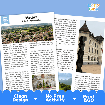Reference sheet and answer key for Vaduz landmark reading passage displaying completed comprehension answers and European geography facts