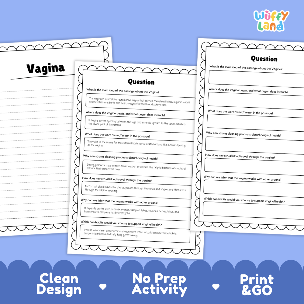 Informational reading passage page detailing the human vagina female reproductive system vulva elasticity and health hygiene habits with diagrams