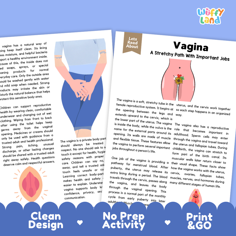 Teacher answer key page showing complete question solutions for Vagina human body reading comprehension practice