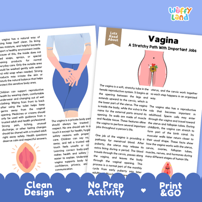 Teacher answer key page showing complete question solutions for Vagina human body reading comprehension practice