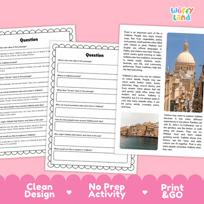 Student reading passage titled A Historic City by the Sea detailing Valletta Malta St. John's Co-Cathedral pastizzi and Mediterranean city photography