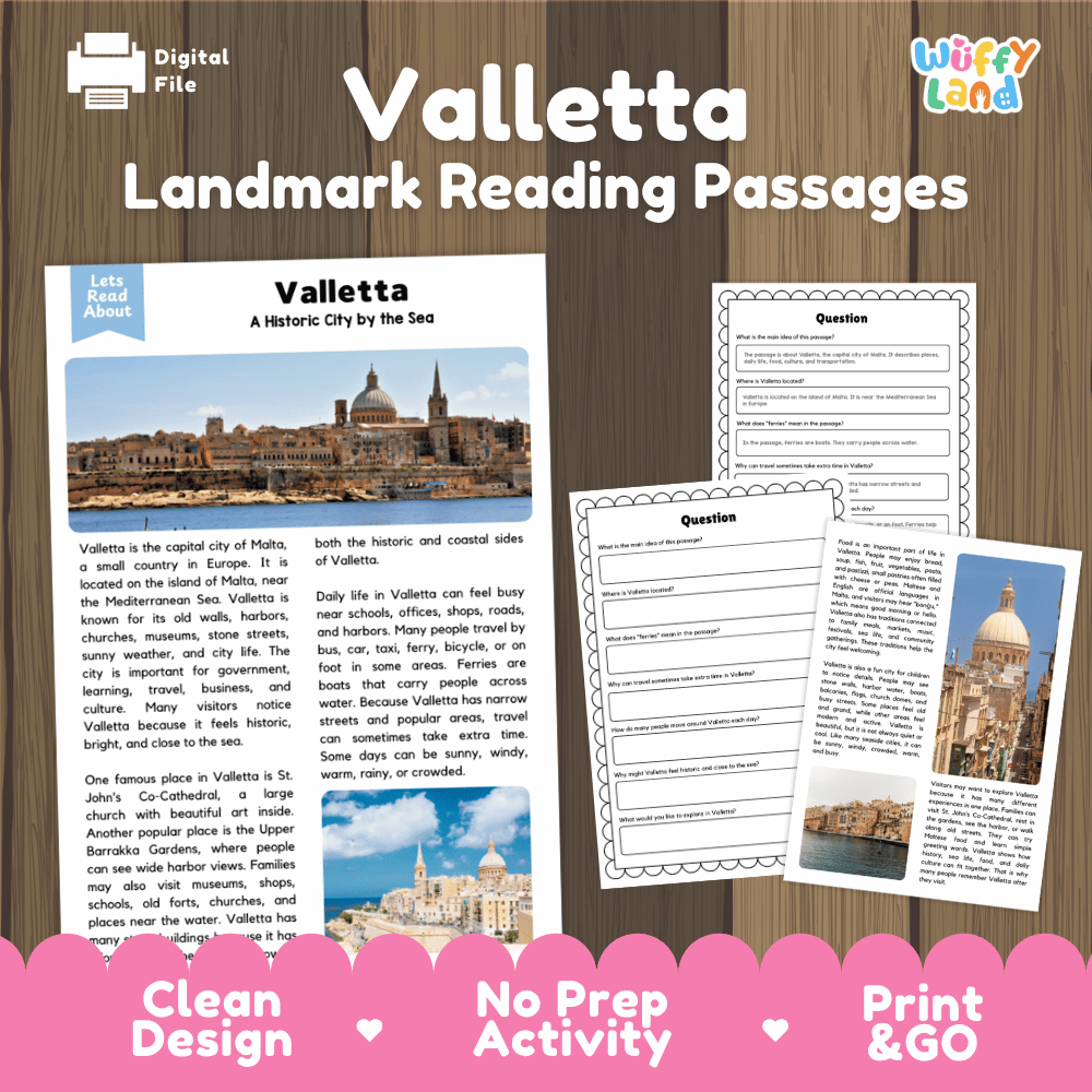 Valletta landmark reading passages educational unit featuring nonfiction text and authentic Valletta Malta harbor and fortress photography
