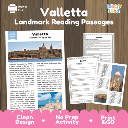 Valletta landmark reading passages educational unit featuring nonfiction text and authentic Valletta Malta harbor and fortress photography