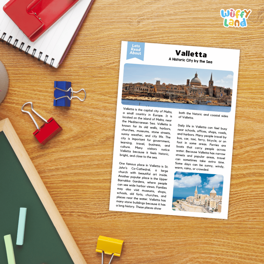 Lined reading comprehension question worksheet covering main ideas vocabulary terms and landmark facts about Valletta Malta