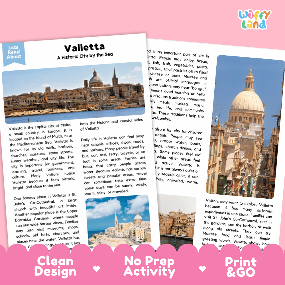 Reference sheet and answer key for Valletta landmark reading passage displaying completed comprehension answers and European geography facts