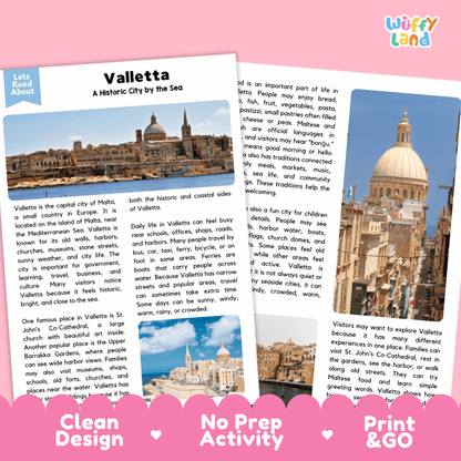 Reference sheet and answer key for Valletta landmark reading passage displaying completed comprehension answers and European geography facts